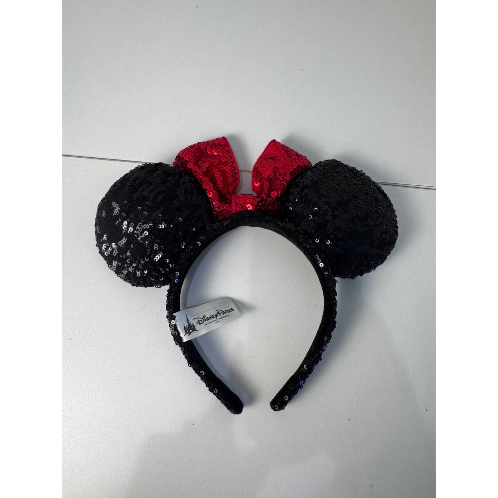 Disney Parks Minnie Mouse Sequin Headband OS Black Red Bow Ear Accessory Sparkle